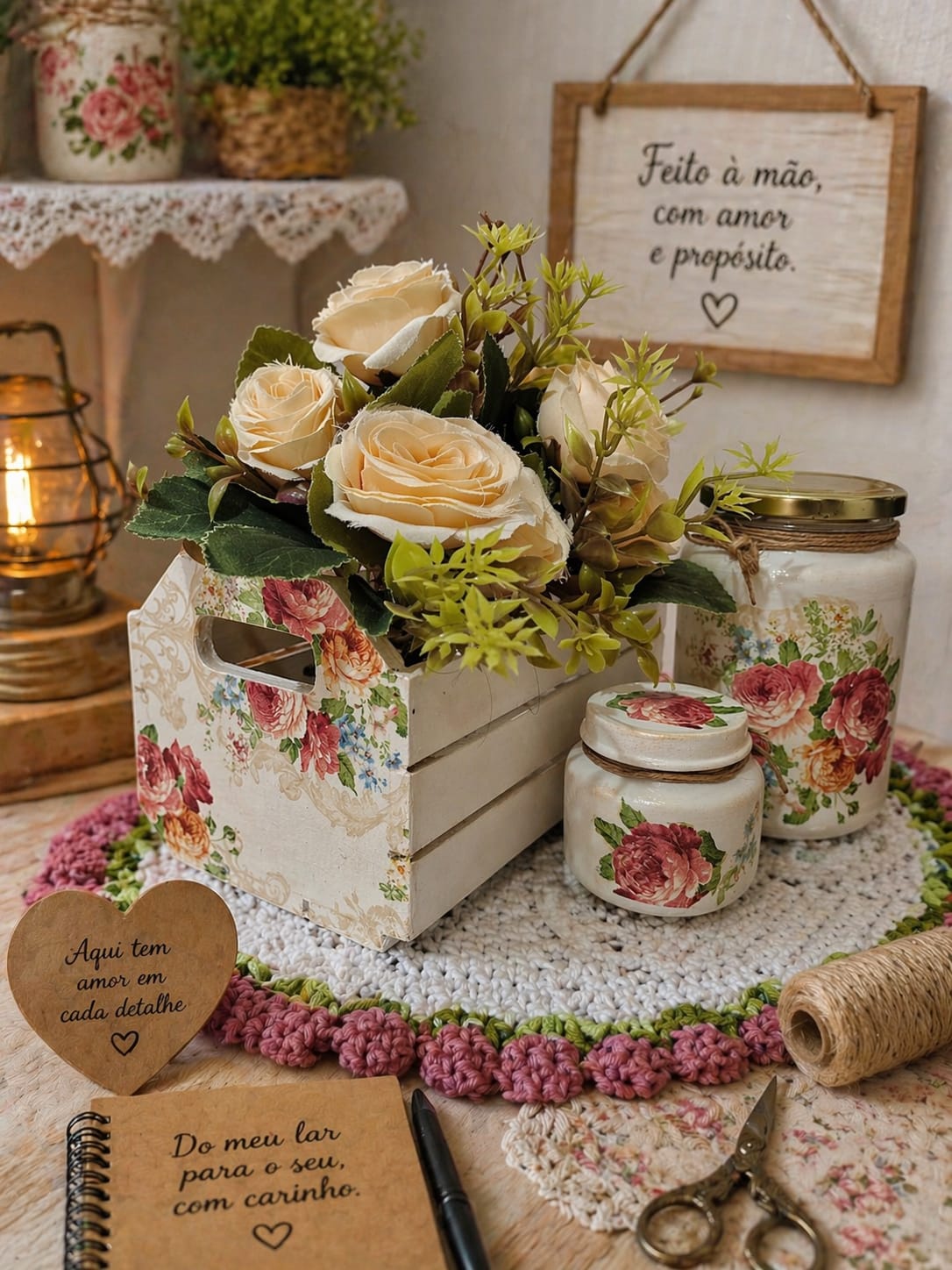 Composição de potes florais e caixa decorada, enviada como criação da Adriana